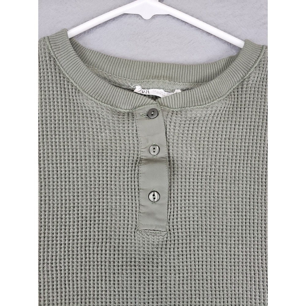 ZARA Short Sleeve Waffle Kit Crop Top Size Large Green Henley Crew Neck Stretch - Picture 4 of 7